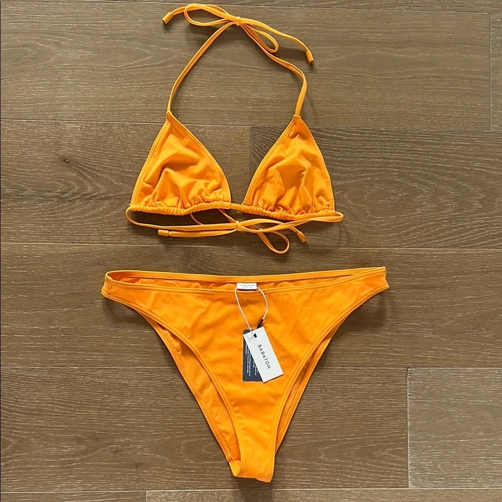 NWT Babaton String Triangle Top High Leg Bottom Tangelo Orange Bikini Set | L/XL